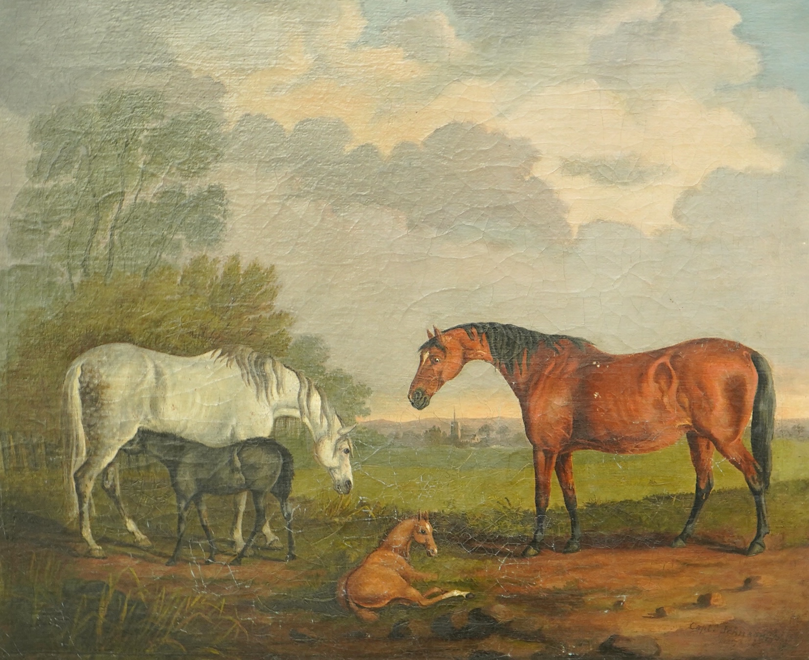 Captain S. Johnson (Early 19th C.), Stallion, mares and foals in a landscape, oil on canvas, 42 x 51cm